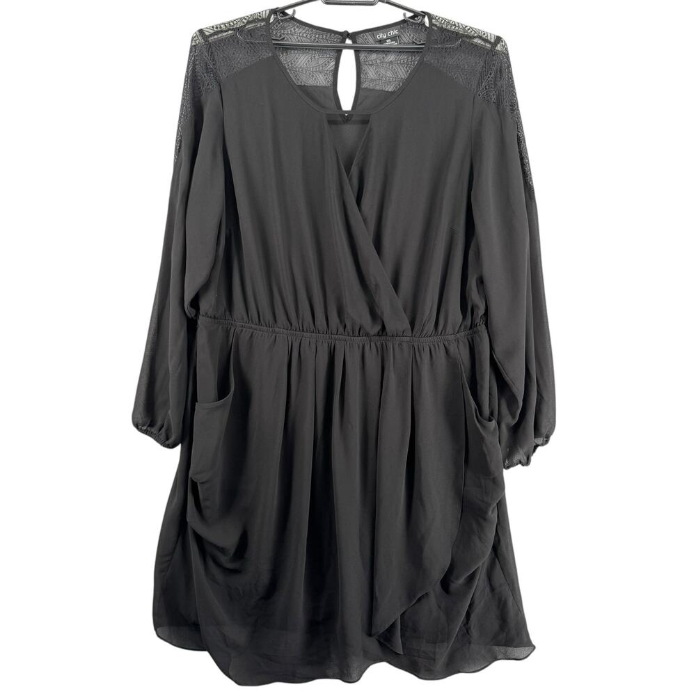 City Chic Little Black Dress Faux Wrap Sheer Lace Sleeves Womens XXL Black